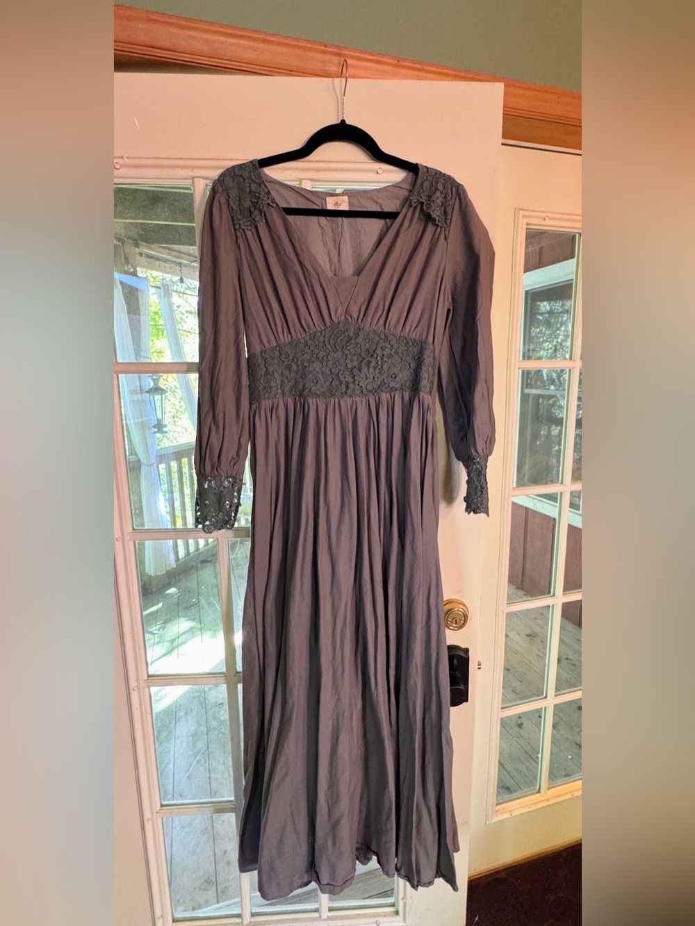 Long Gray Lace-Trim Maxi Dress with V-Neck